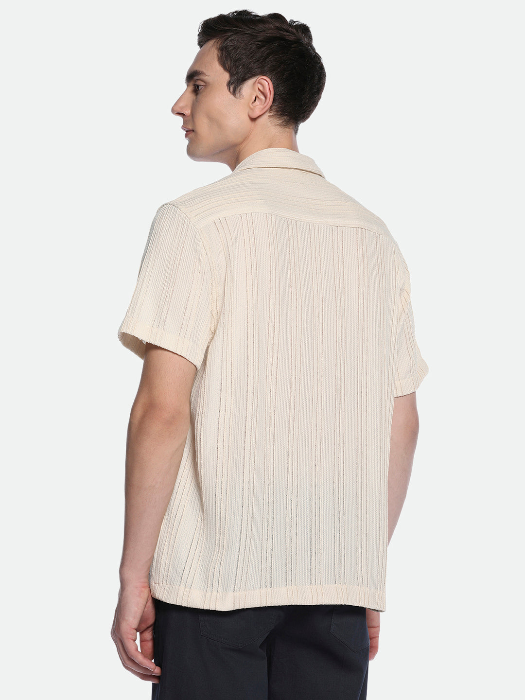 Men's Beige Textured Striped Cuban Collar Half Sleeves Seersucker Casual Shirt