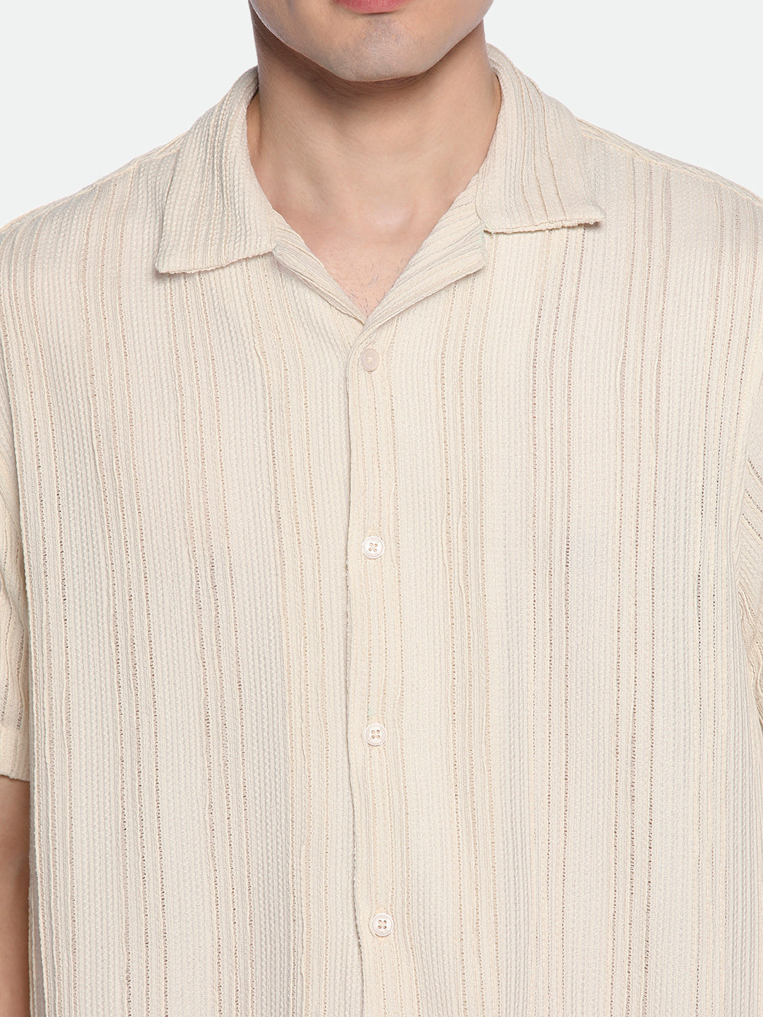 Men's Beige Textured Striped Cuban Collar Half Sleeves Seersucker Casual Shirt