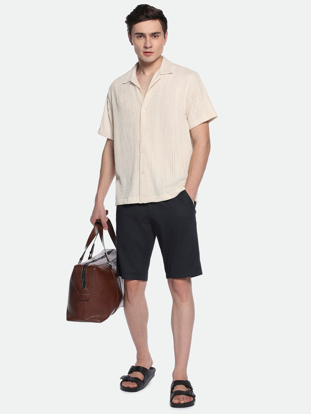 Men's Beige Textured Striped Cuban Collar Half Sleeves Seersucker Casual Shirt