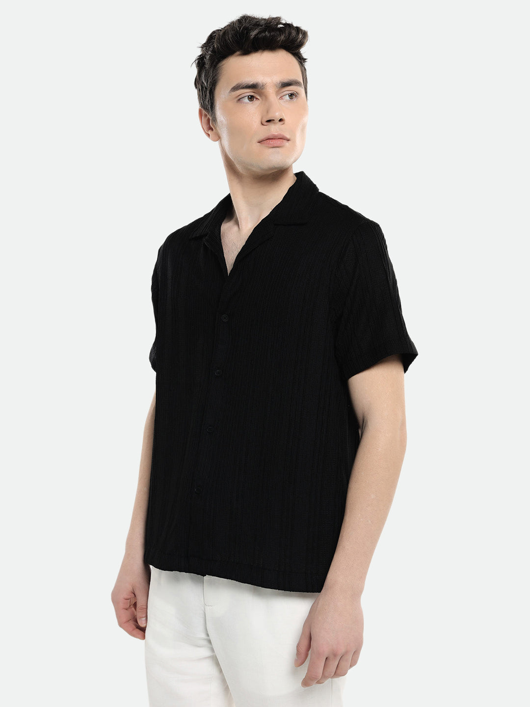 Men's Black Textured Striped Cuban Collar Half Sleeves Seersucker Casual Shirt