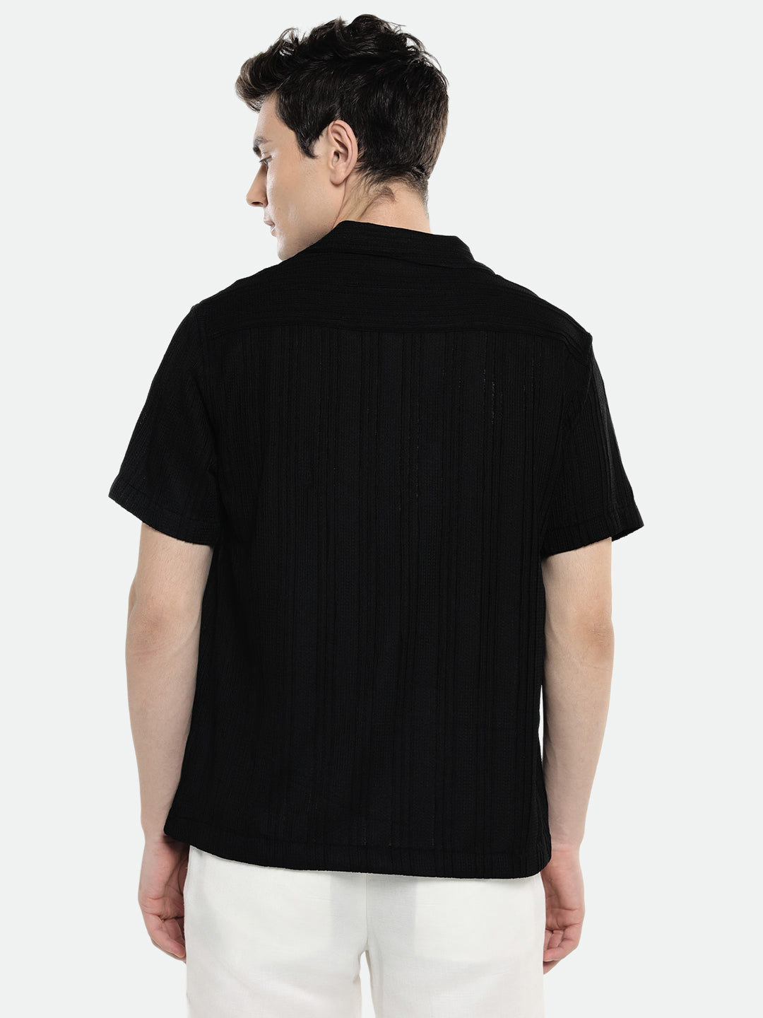 Men's Black Textured Striped Cuban Collar Half Sleeves Seersucker Casual Shirt