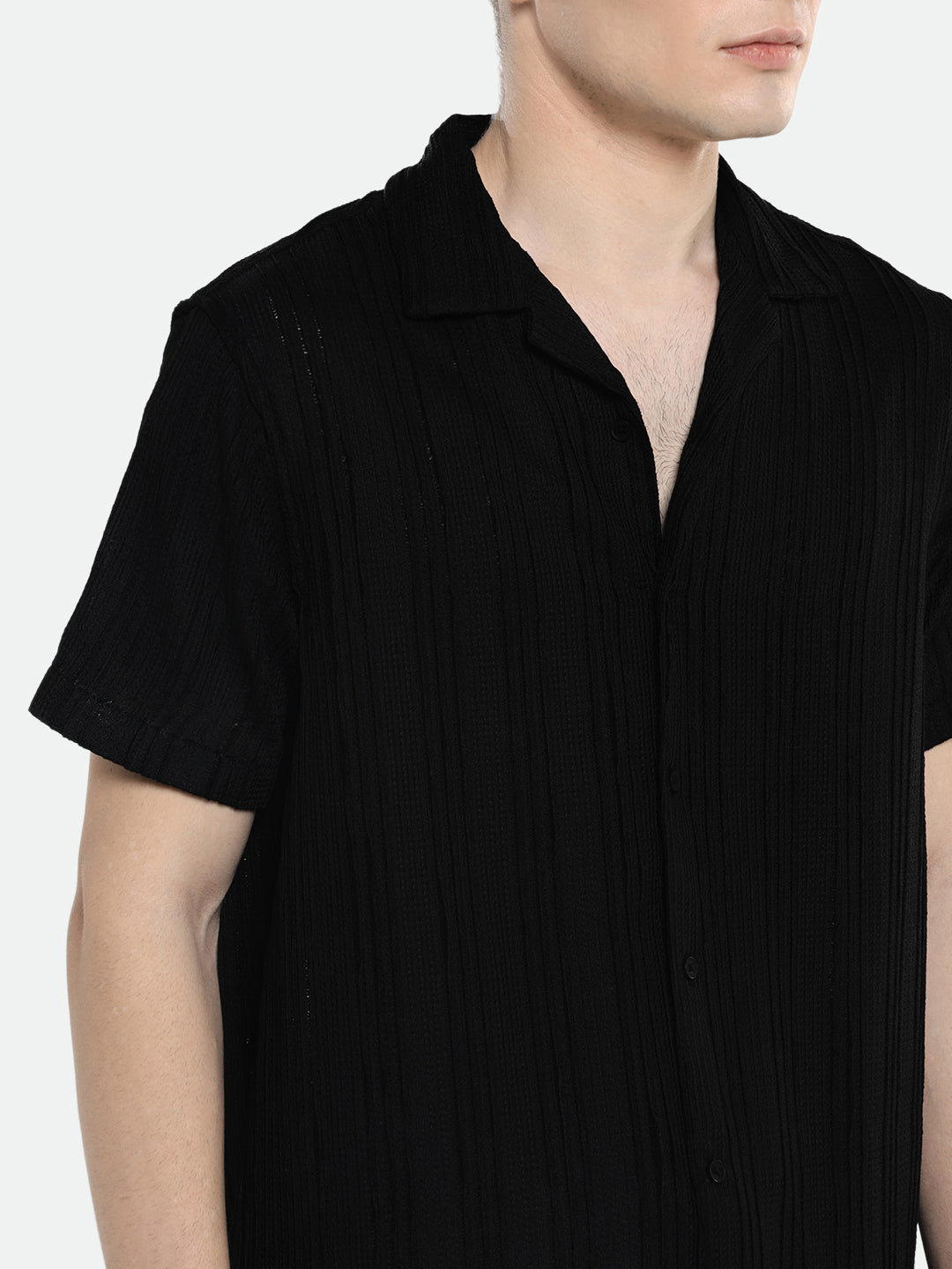 Men's Black Textured Striped Cuban Collar Half Sleeves Seersucker Casual Shirt