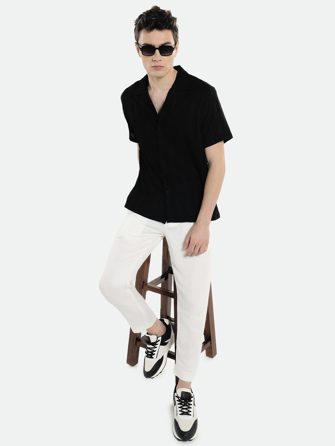 Men's Black Textured Striped Cuban Collar Half Sleeves Seersucker Casual Shirt