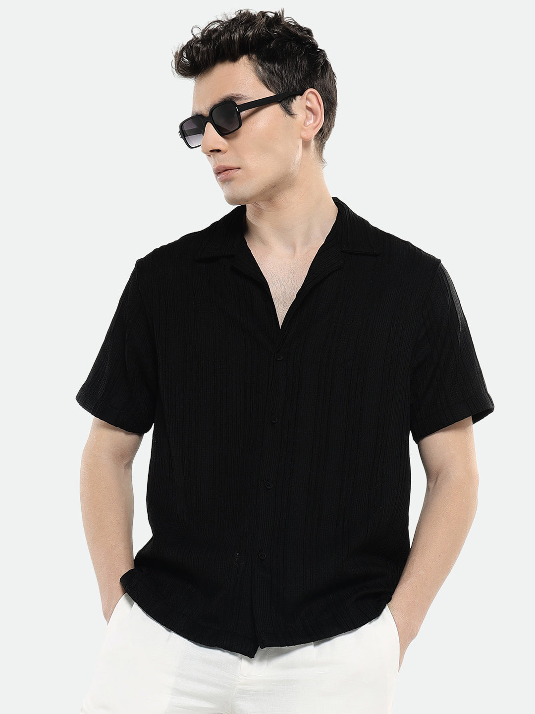 Men's Black Textured Striped Cuban Collar Half Sleeves Seersucker Casual Shirt