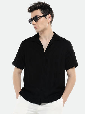 Men's Black Textured Striped Cuban Collar Half Sleeves Seersucker Casual Shirt