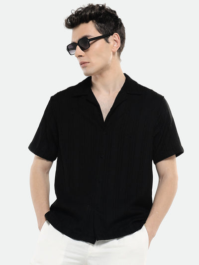 Dennis Lingo Men's Cuban Collar Regular Fit Textured Stripes Black Casual Shirt