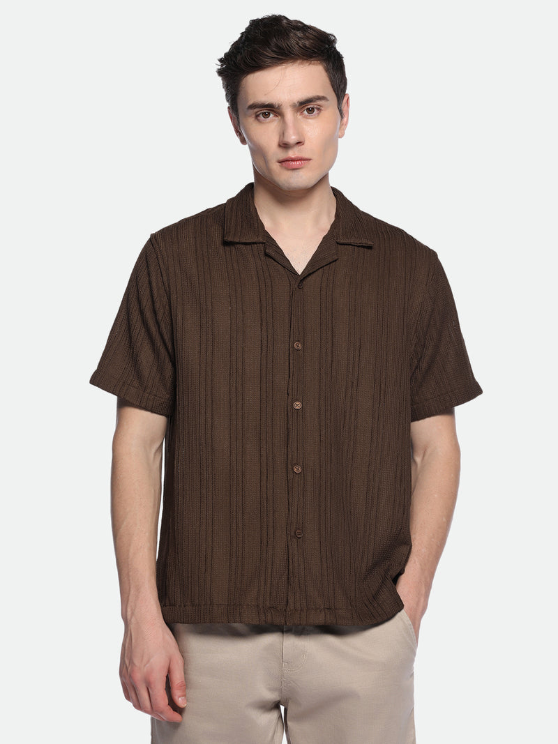 Dennis Lingo Men's Cuban Collar Regular Fit Stripes Brown Casual Shirt