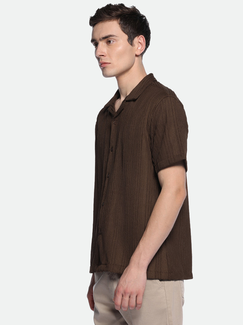 Dennis Lingo Men's Cuban Collar Regular Fit Stripes Brown Casual Shirt