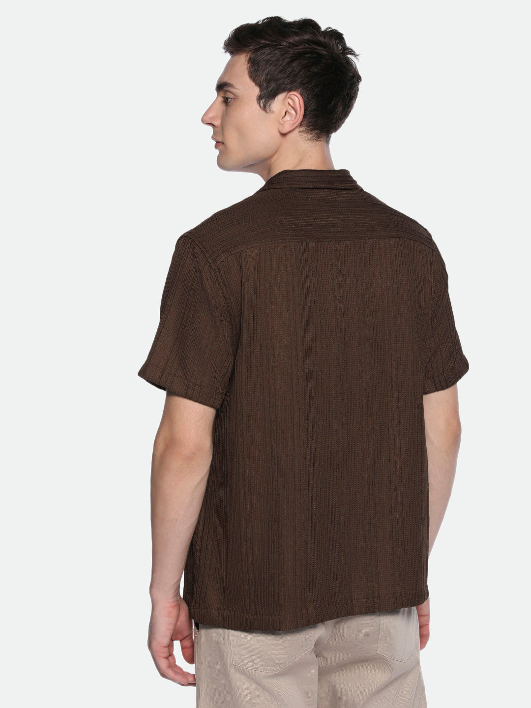 Dennis Lingo Men's Cuban Collar Regular Fit Stripes Brown Casual Shirt