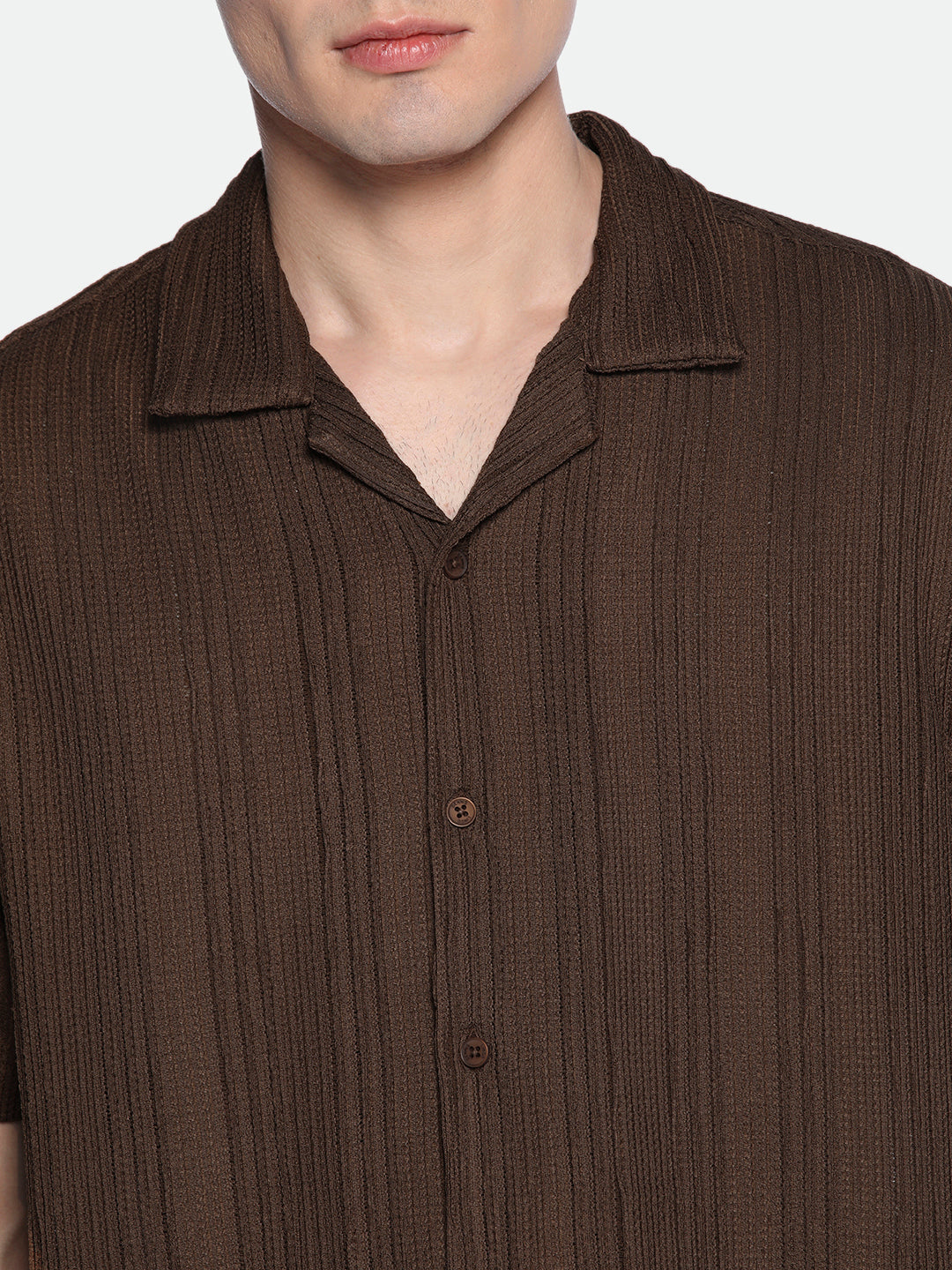 Men's Textured Striped Cuban Collar Half Sleeves Seersucker Casual Shirt