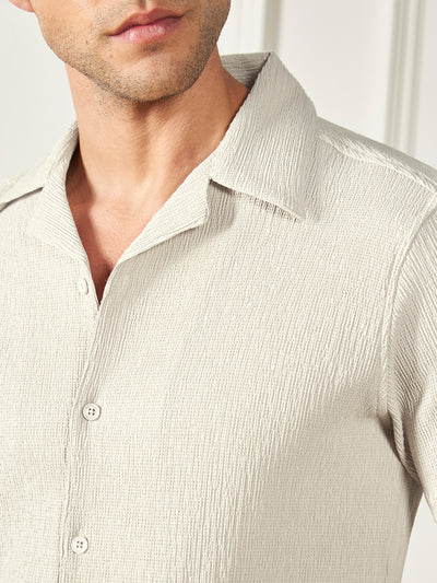 Dennis Lingo Men's Beige Cuban collar Textured Cotton Poly Casual Shirt