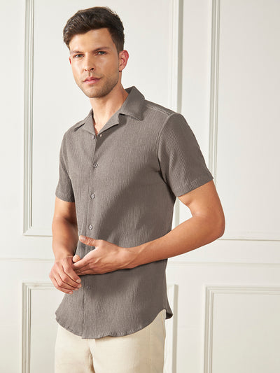 Dennis Lingo Men's Brown Cuban collar Textured Cotton Poly Casual Shirt