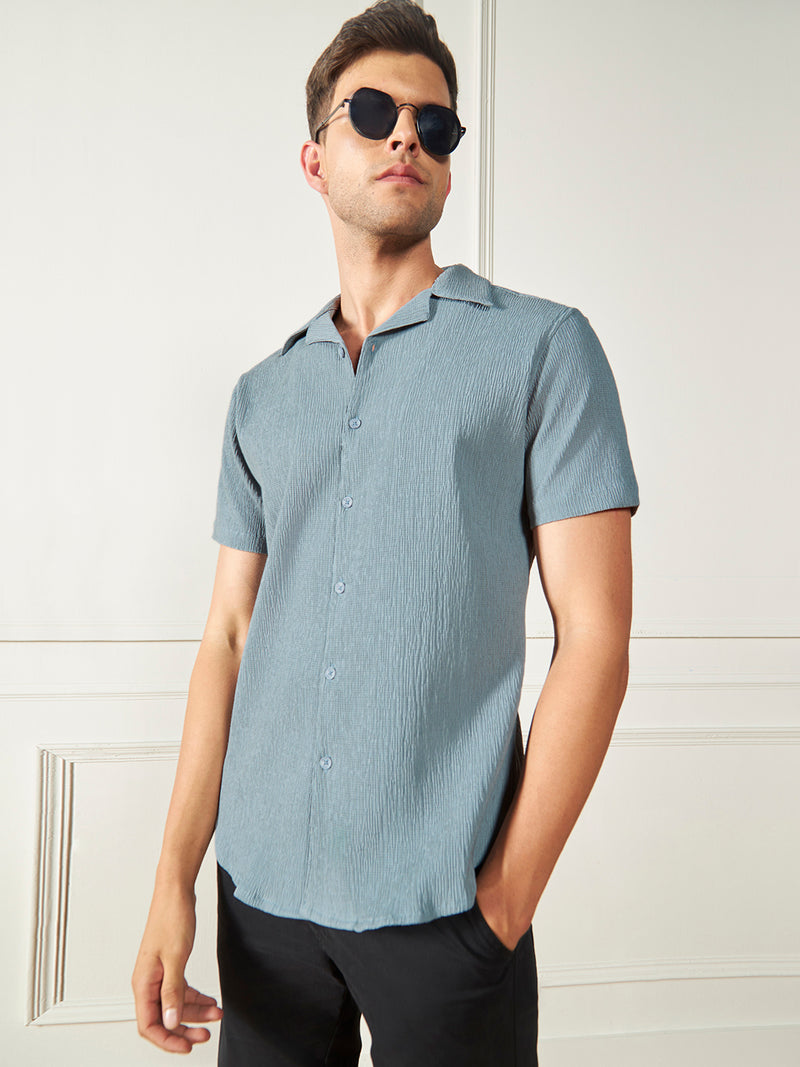 Dennis Lingo Men's Grey  Cuban Collar Textured Cotton Poly Casual Shirt