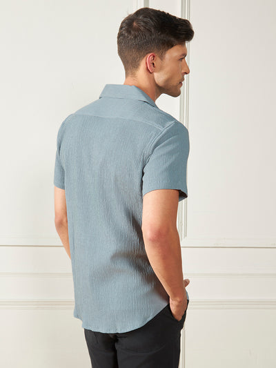 Dennis Lingo Men's Grey  Cuban Collar Textured Cotton Poly Casual Shirt