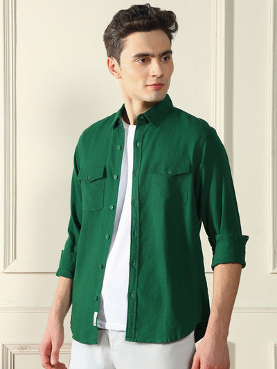 Dennis Lingo Men's Spread Collar Regular Fit Solid Green Casual Shirt
