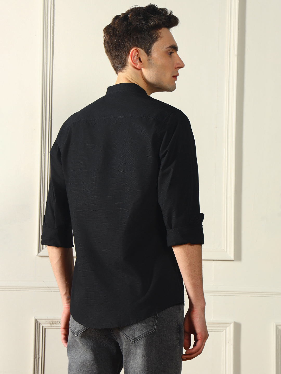 Dennis Lingo Men's Mandarin Collar Regular Fit Solid Black Casual Shirt