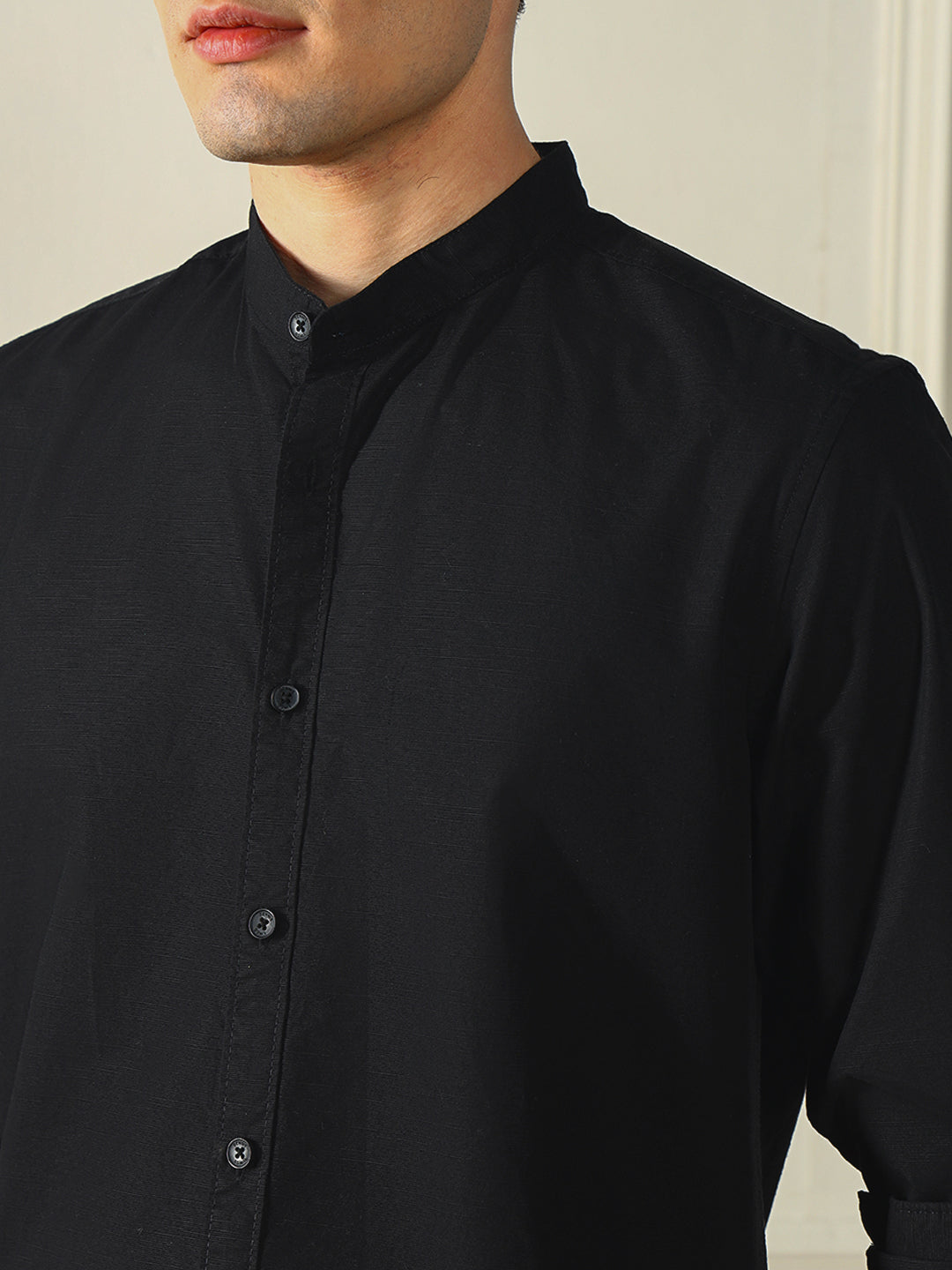 Dennis Lingo Men's Mandarin Collar Regular Fit Solid Black Casual Shirt