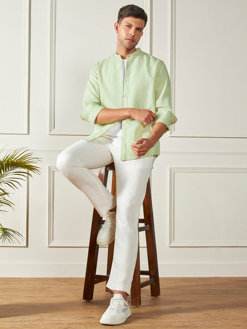 Dennis Lingo Men's Mandarin Collar Regular Fit Solid Green Casual Shirt