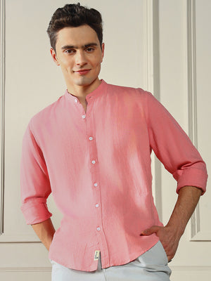 Men's Mandarin Collar Regular Fit Solid Pink Casual Shirt