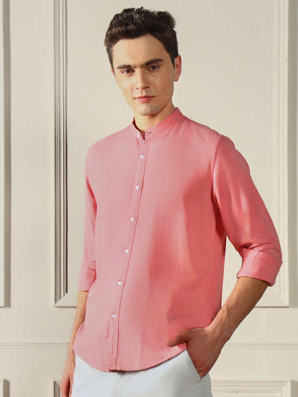 Men's Mandarin Collar Regular Fit Solid Pink Casual Shirt