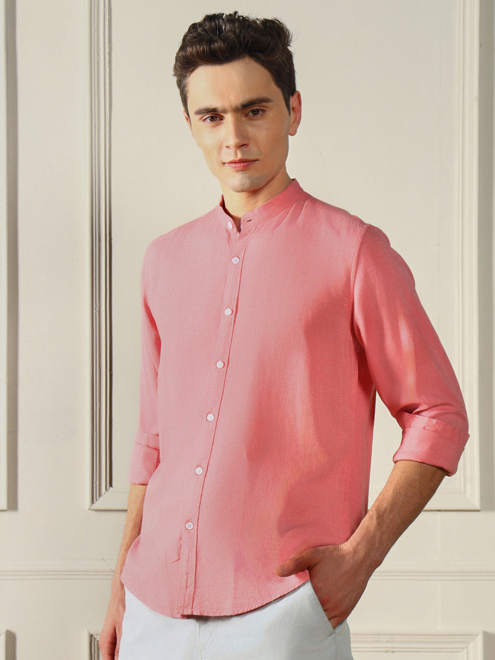 Dennis Lingo Men's Mandarin Collar Regular Fit Solid Pink Casual Shirt