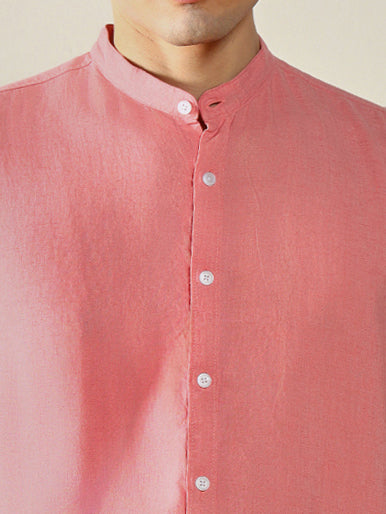 Dennis Lingo Men's Mandarin Collar Regular Fit Solid Pink Casual Shirt