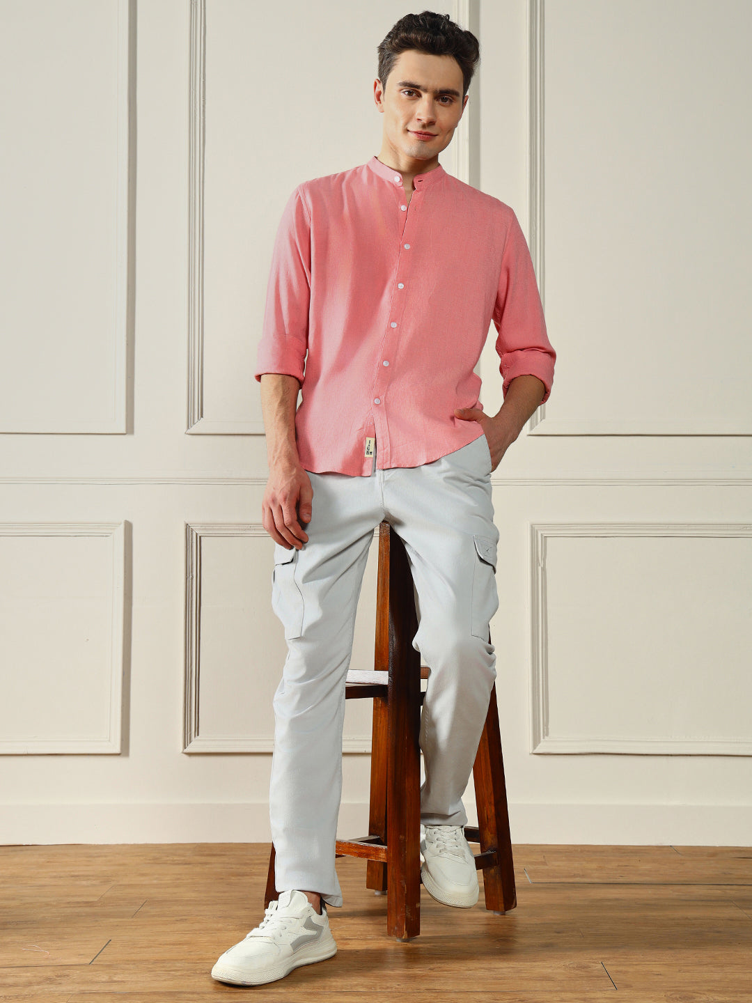 Men's Mandarin Collar Regular Fit Solid Pink Casual Shirt