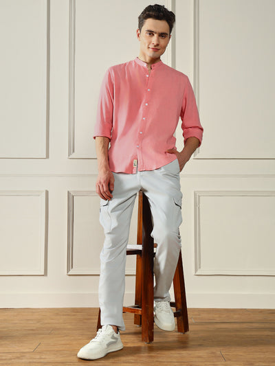 Men's Mandarin Collar Regular Fit Solid Pink Casual Shirt