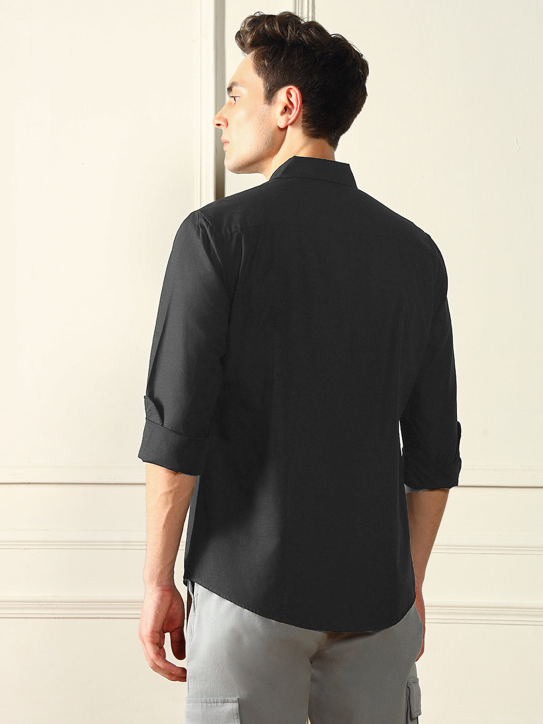 Dennis Lingo Men's Spread Collar Regular Fit Solid Black Casual Shirt