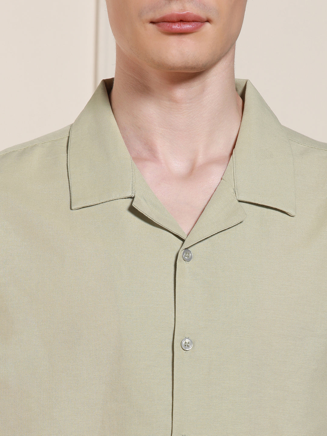 Men's Cuban Collar Regular Fit Solid Pista Green Casual Shirt