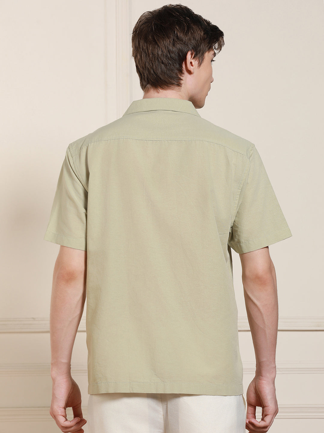 Men's Cuban Collar Regular Fit Solid Pista Green Casual Shirt