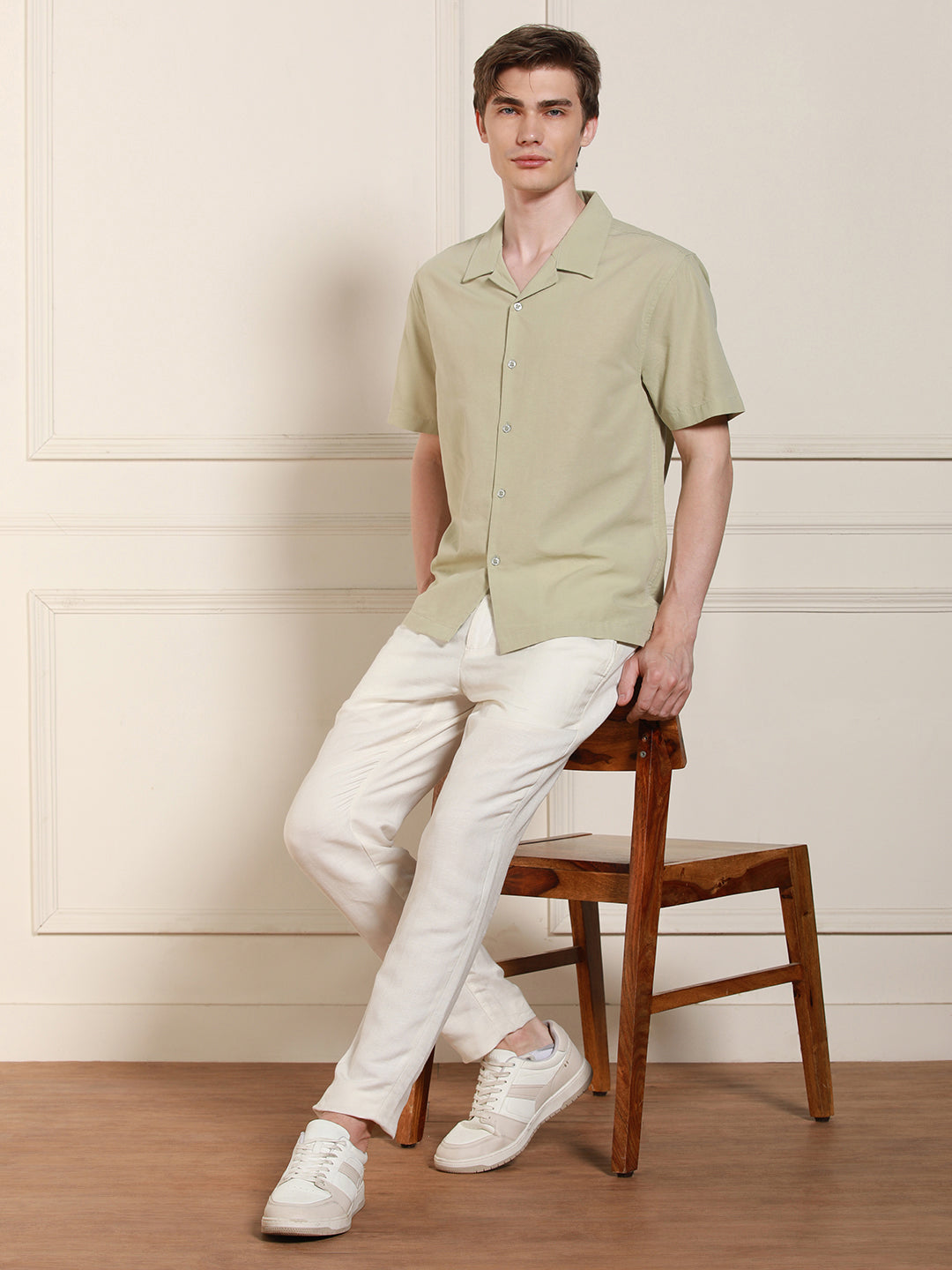Men's Cuban Collar Regular Fit Solid Pista Green Casual Shirt