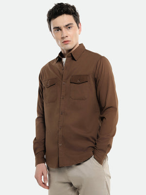 Men's Spread Collar Regular Fit Solid Brown Casual Shirt
