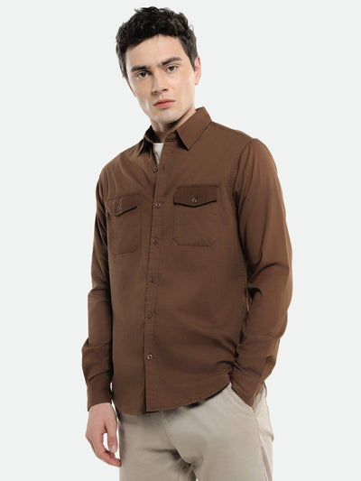 Men's Spread Collar Regular Fit Solid Brown Casual Shirt