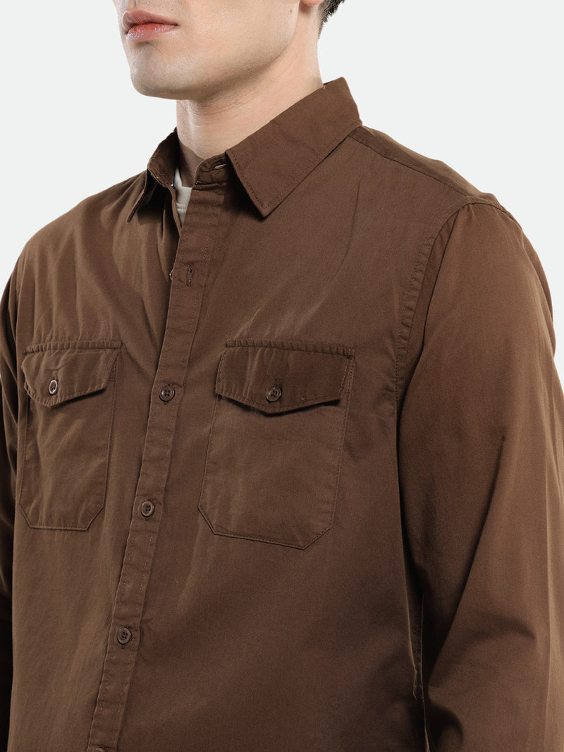 Dennis Lingo Men's Spread Collar Regular Fit Solid Brown Casual Shirt