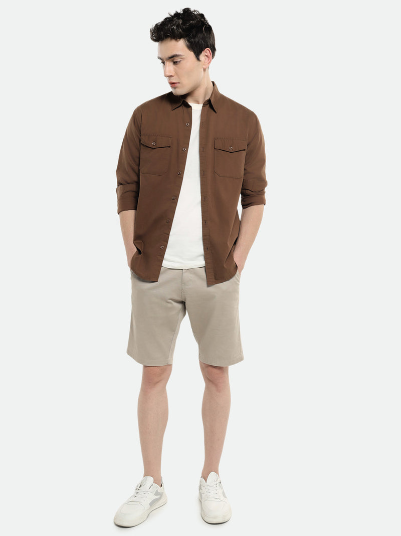 Men's Spread Collar Regular Fit Solid Brown Casual Shirt