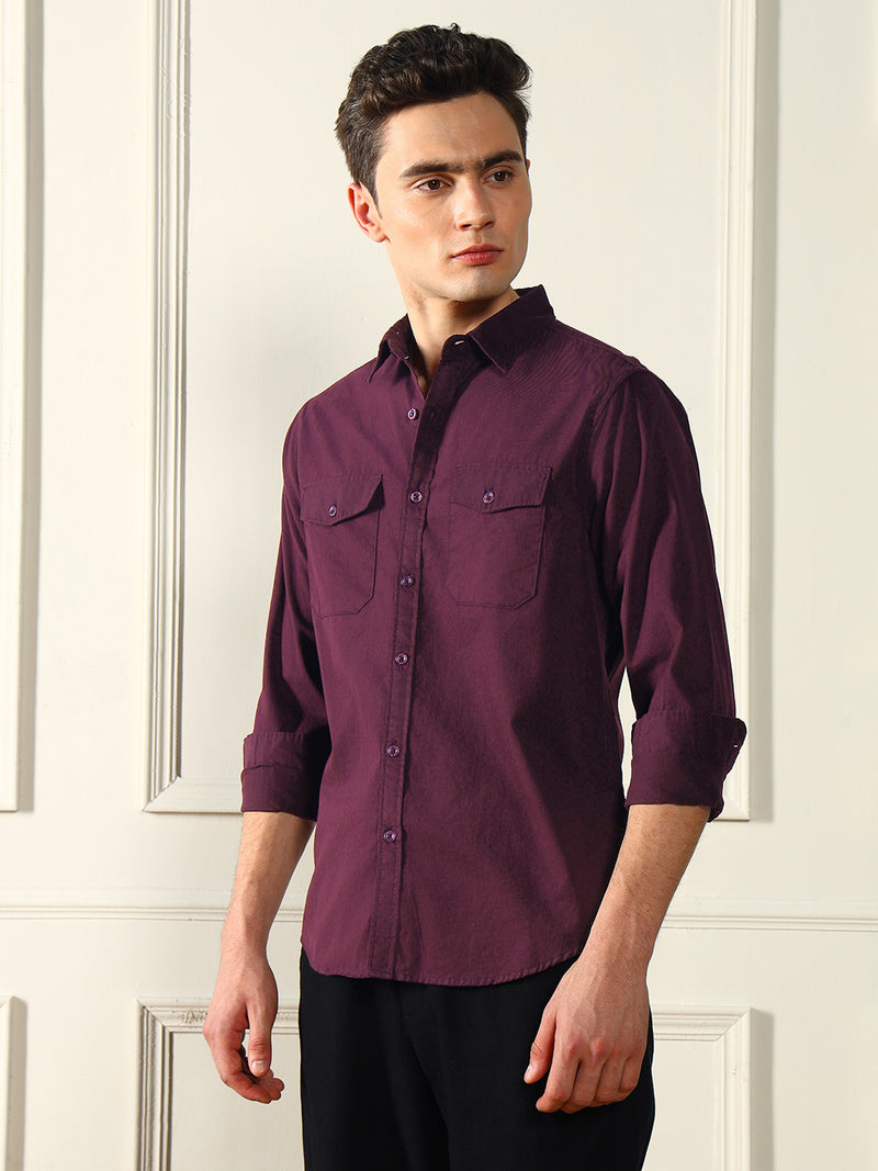 Men's Spread Collar Regular Fit Solid Wine Casual Shirt
