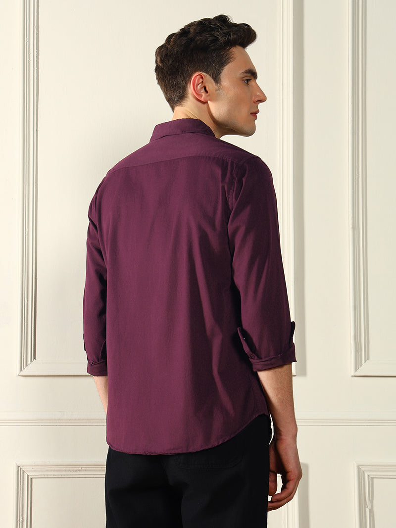 Men's Spread Collar Regular Fit Solid Wine Casual Shirt