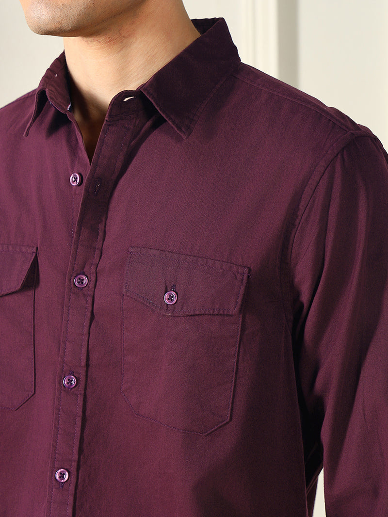 Dennis Lingo Men's Spread Collar Regular Fit Solid Wine Casual Shirt