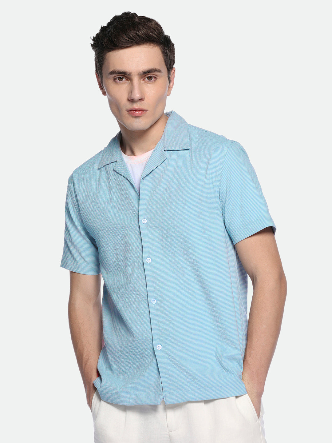 Dennis Lingo Mens's Blue solid Casual Shirt
