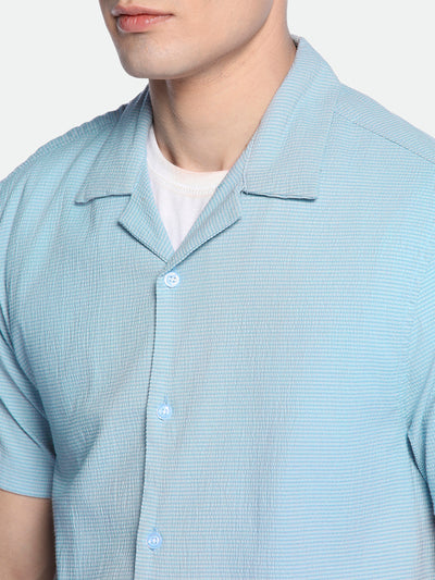 Dennis Lingo Men's Cuban Collar Regular Fit Solid Blue Casual Shirt