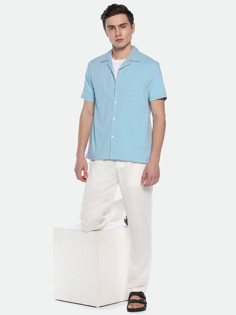 Dennis Lingo Men's Cuban Collar Regular Fit Solid Blue Casual Shirt