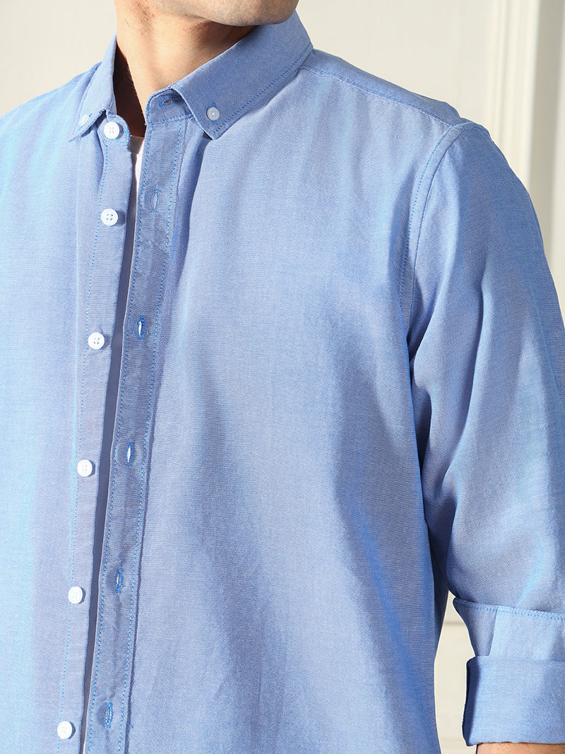 Dennis Lingo Men's Button Down Collar Regular Fit Solid Blue Casual Shirt