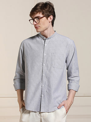 Men's Grey Cotton Striped Mandarin Collar Casual Shirt