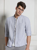 Dennis Lingo Men Grey Cotton Striped Mandarin Collar Casual Shirt