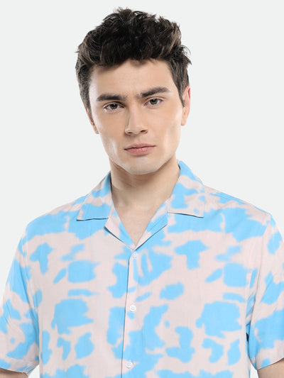 Dennis Lingo Men's Cuban Collar Regular Fit Printed Blue Casual Shirt