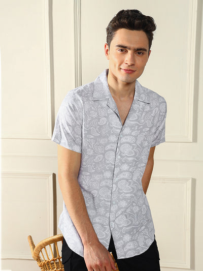 Dennis Lingo Men's Grey Ethnic prints Viscose Casual Shirt