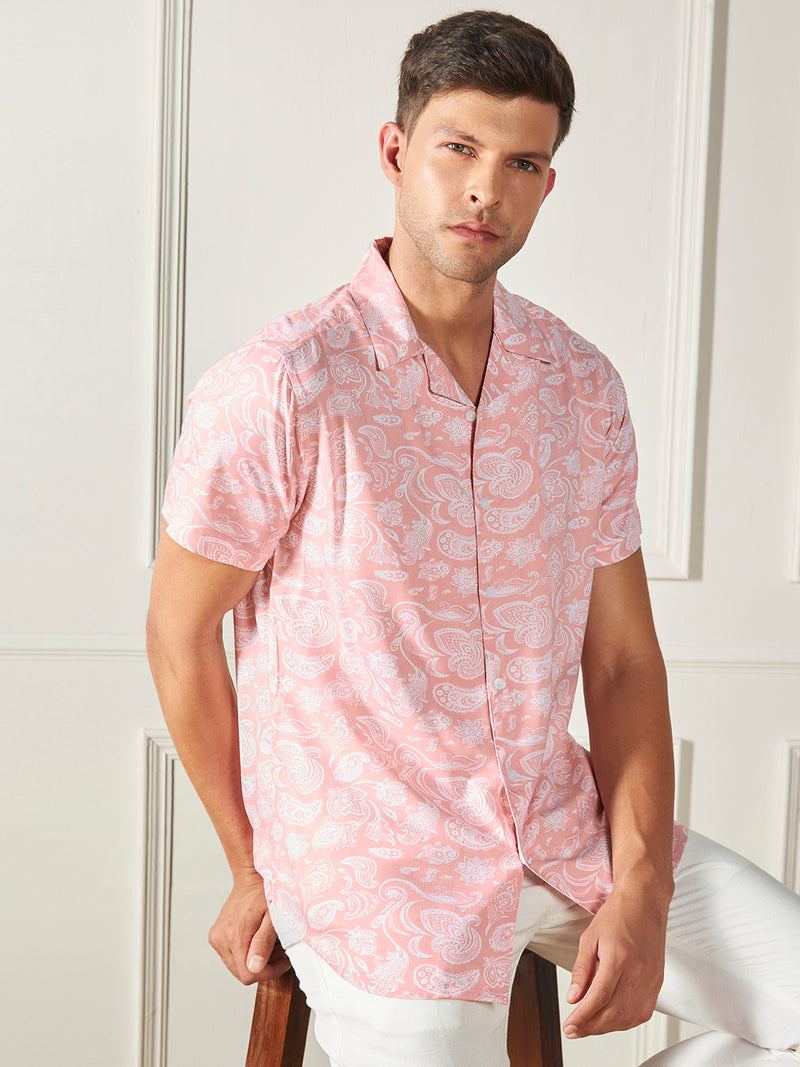 Dennis Lingo Men's Peach Ethnic prints Viscose Casual Shirt