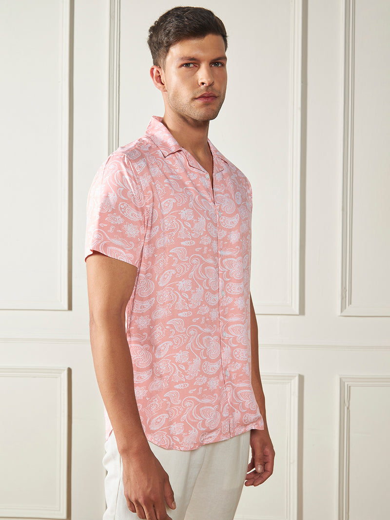 Dennis Lingo Men's Peach Ethnic prints Viscose Casual Shirt