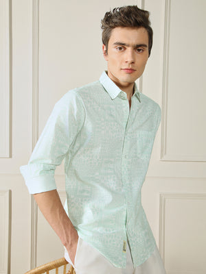 Men's Green Ethnic Motifs Printed Cotton Slub Casual Shirt